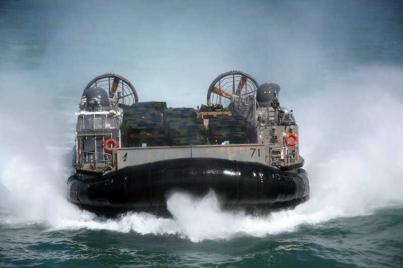 Military hovercraft in action