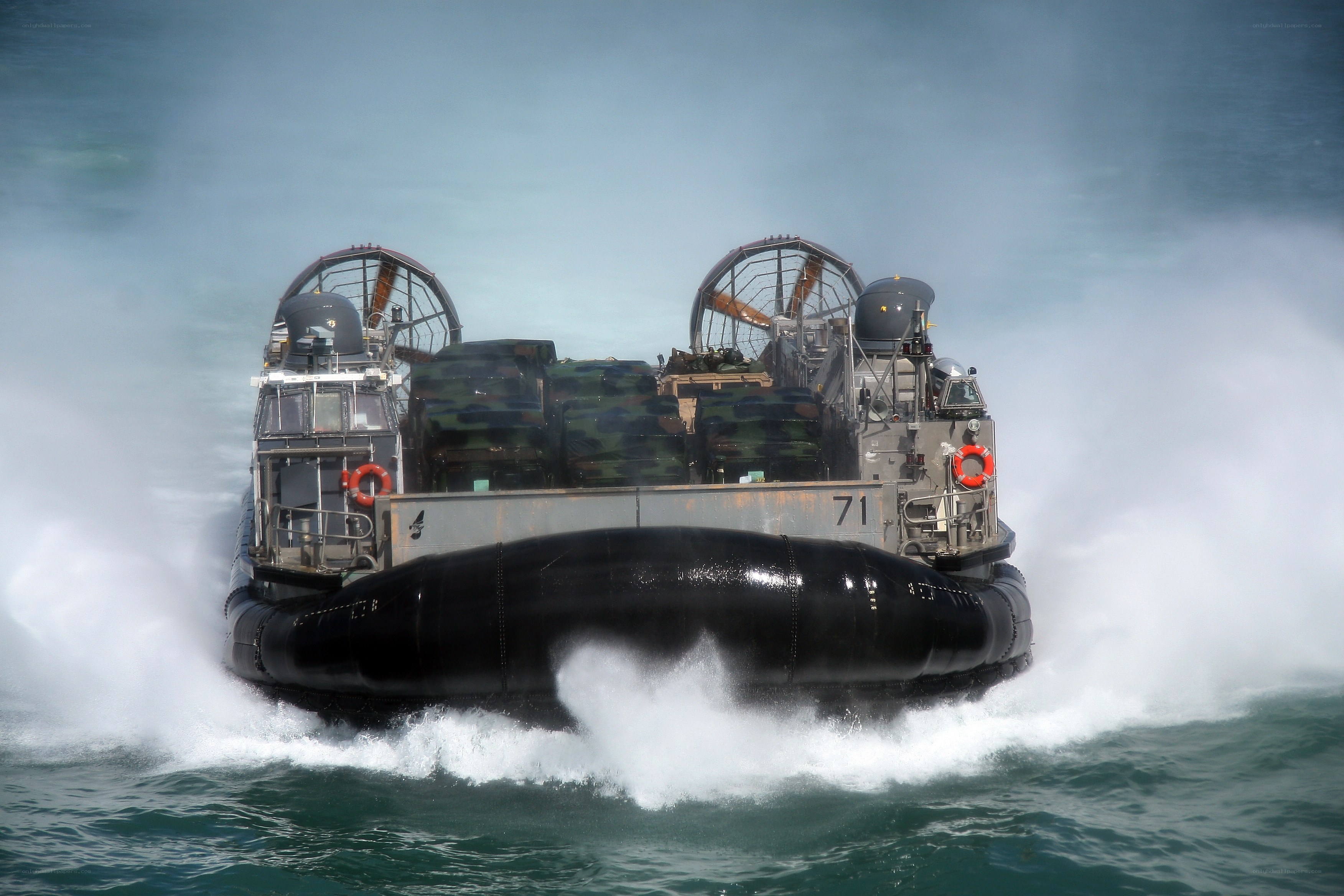 Military hovercraft in action