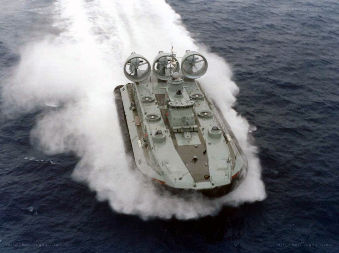 Military hovercraft in motion