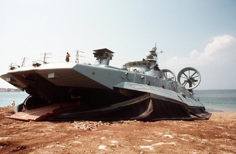 Military hovercraft on beach