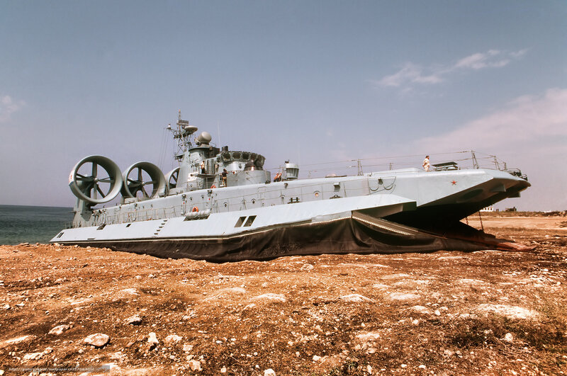 Military hovercraft on shore