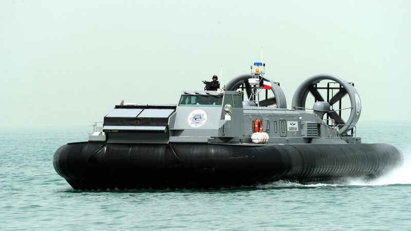 Military Hovercraft on Water — Gray
