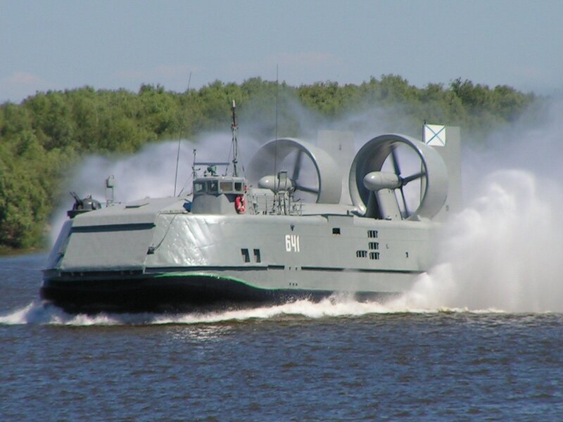 Military hovercraft on water