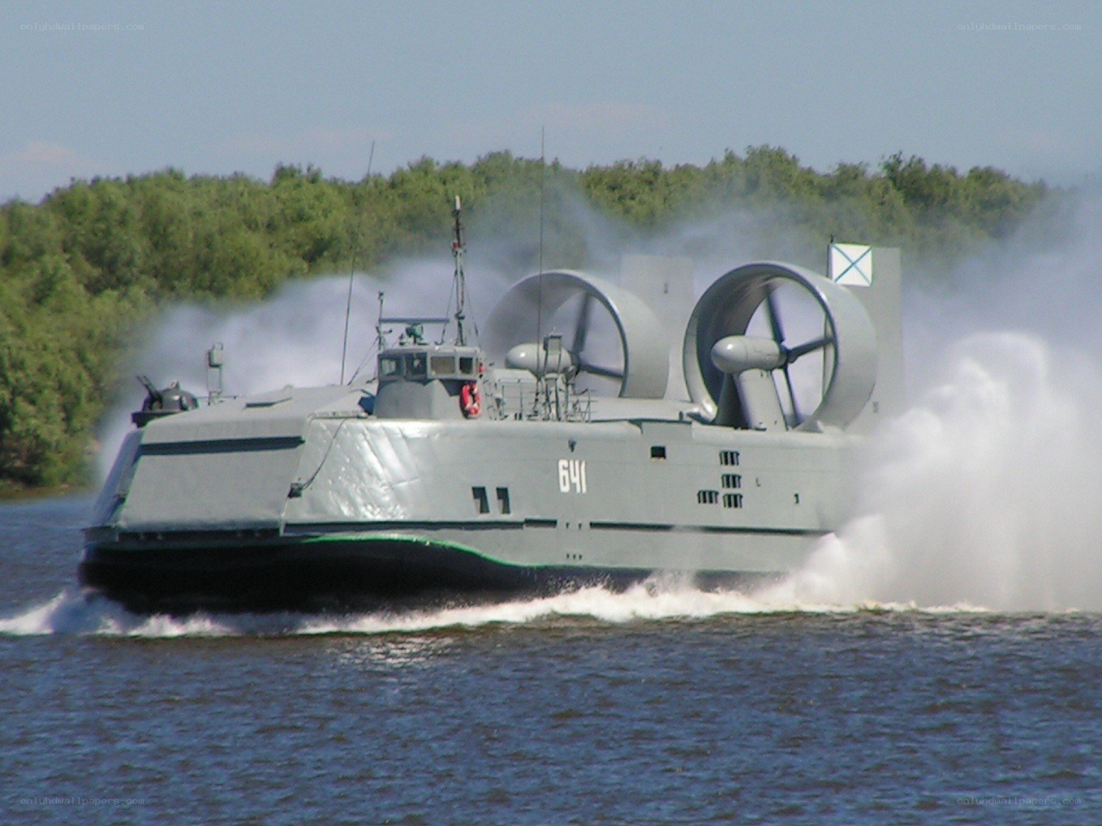 Military hovercraft on water