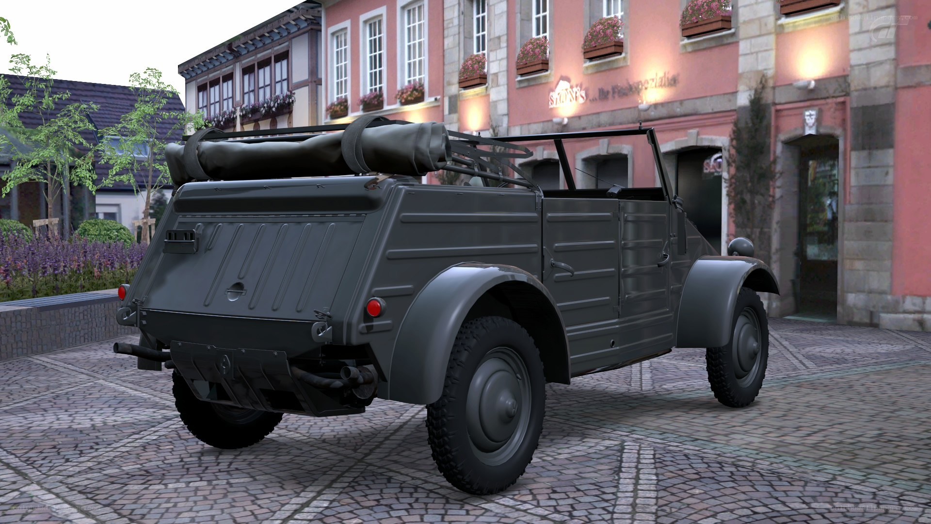 Military jeep in town square