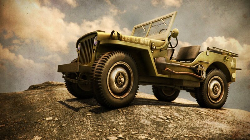 Military jeep on rocky terrain