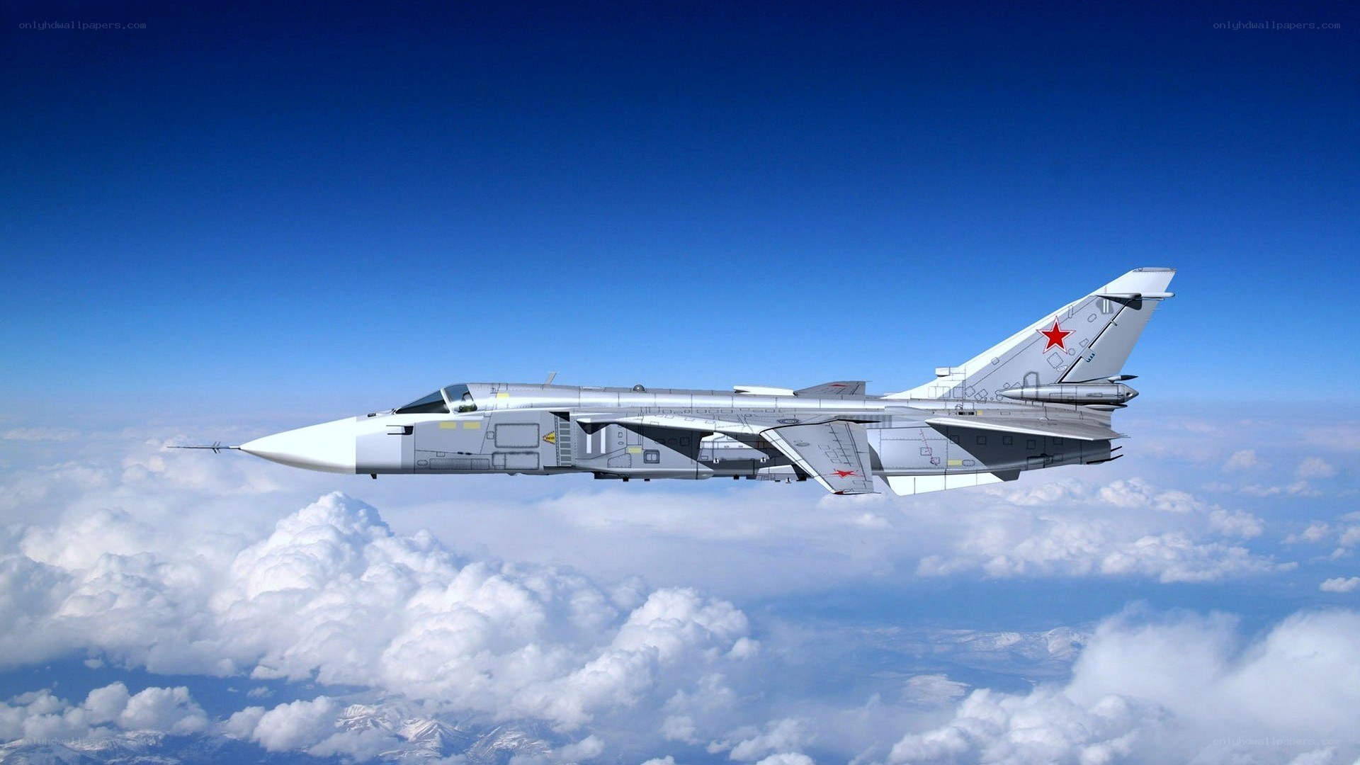 military jet flying above clouds