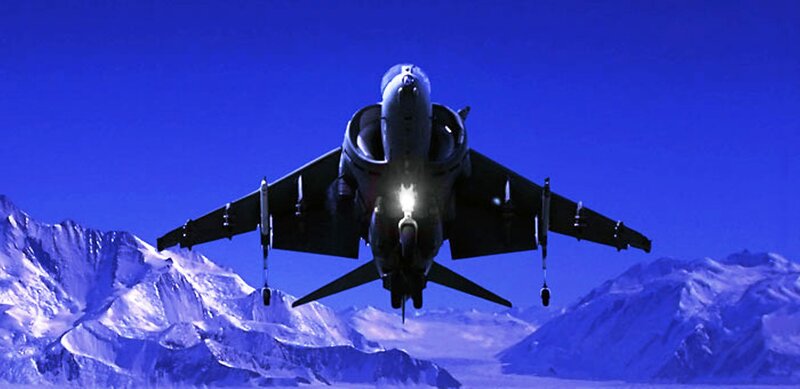 Military Jet Flying — Blue, Dramatic