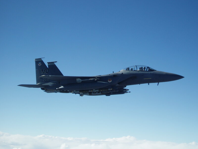 Military Jet in Flight — Blue, Calm, Afternoon, Photograph, Aircraft