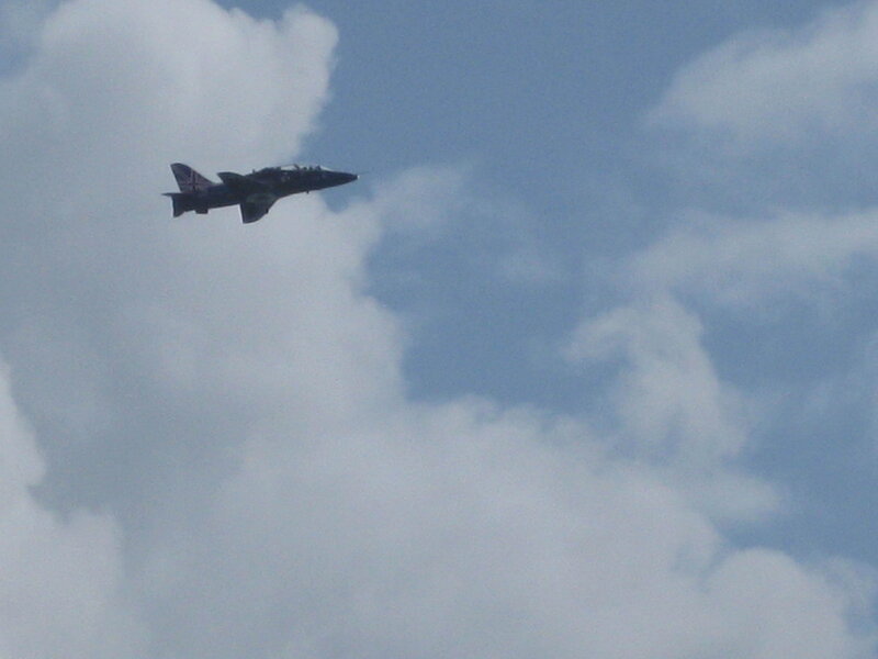 Military Jet in Flight — Blue, Calm, Photograph, Clouds