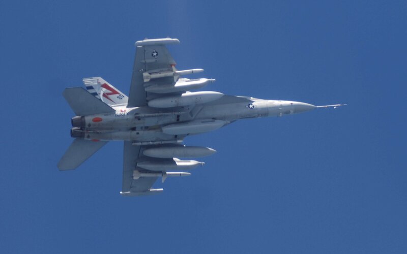 Military Jet in Flight — Blue, Clear, Afternoon, Photograph, Aircraft, Missiles