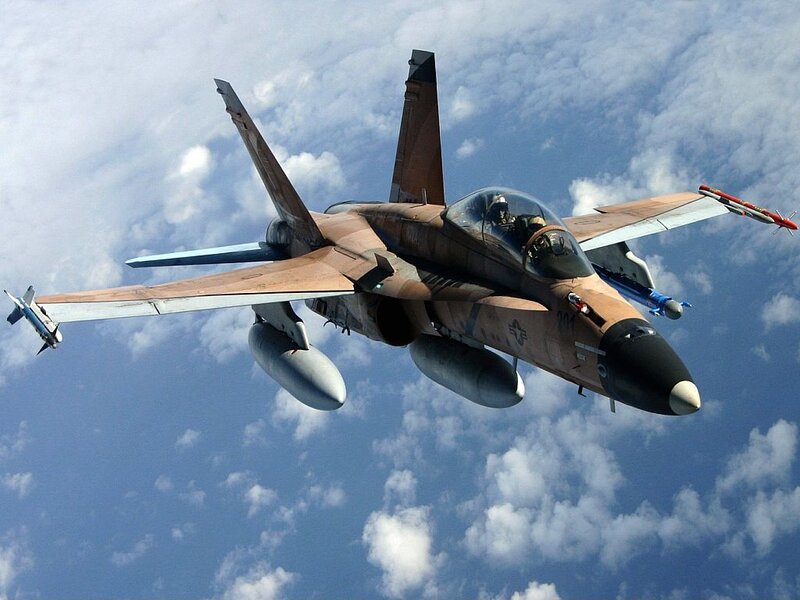 Military Jet in Flight — Blue, Dramatic, Afternoon, Photograph, Clouds, Missiles