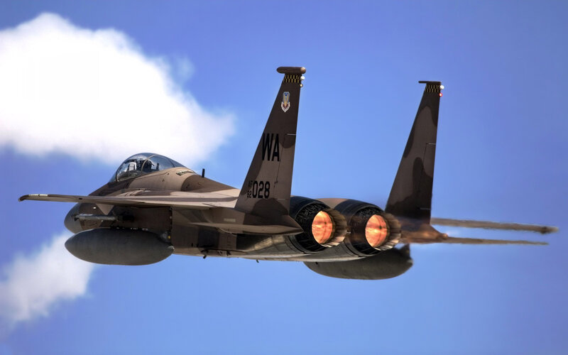 Military Jet in Flight — Blue, Dramatic, Afternoon, Photograph, Jet Engine, Clouds