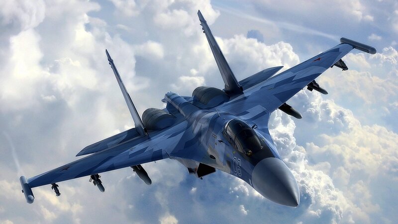 Military Jet in Flight — Blue, Dramatic, Digital Art, Clouds