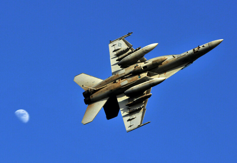 Military Jet in Flight — Blue, Dramatic, Night
