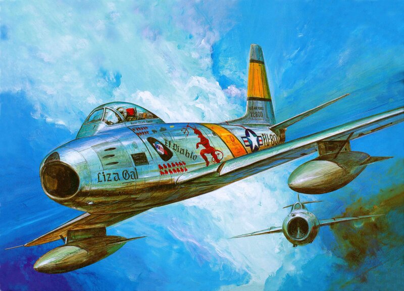 Military Jet in Flight — Blue, Dramatic, Painting