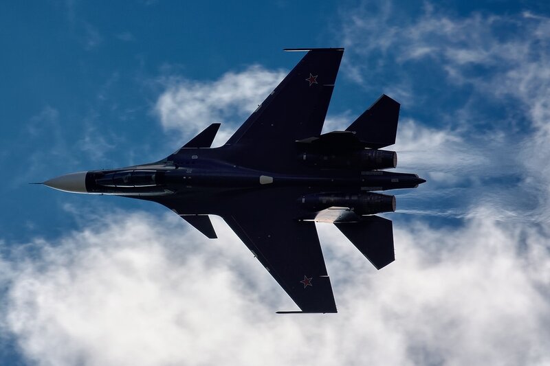 Military Jet in Flight — Blue, Dramatic, Photograph, Sky
