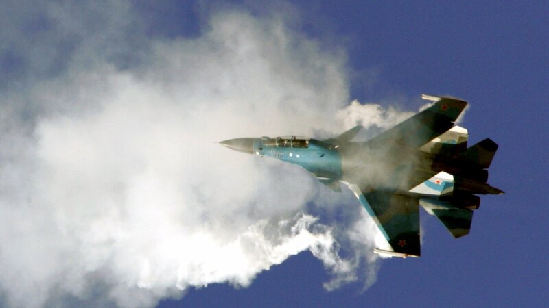 Military Jet in Flight — Blue, Dramatic, Photograph