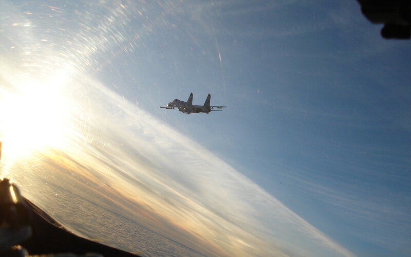 Military Jet in Flight — Blue, Dramatic, Sunset