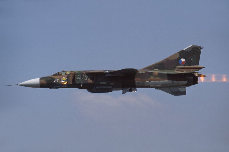 Military Jet in Flight — Blue, Dynamic, Afternoon, Photograph, Exhaust