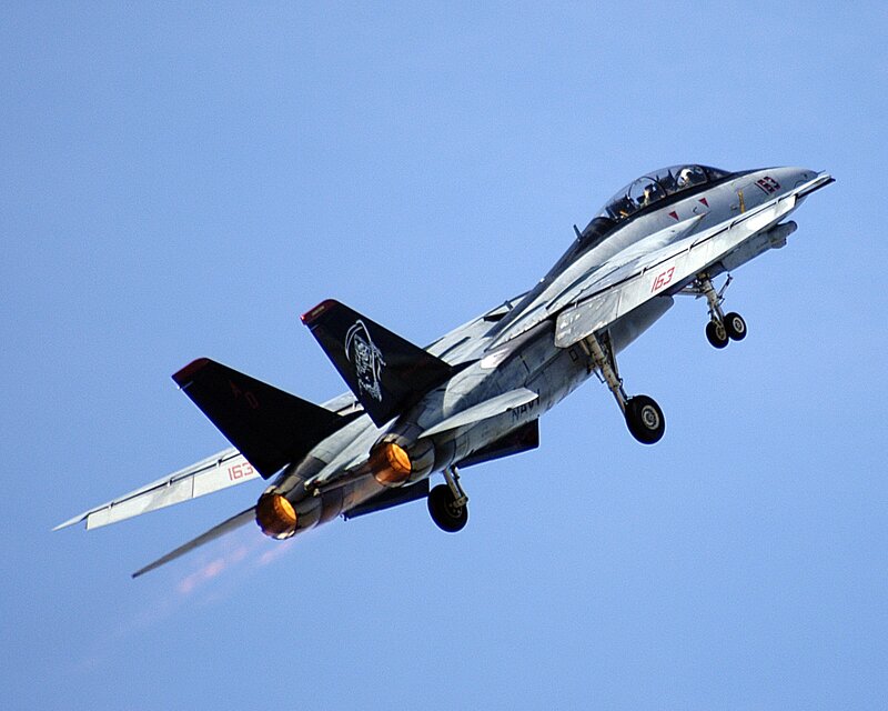 Military Jet in Flight — Blue, Dynamic, Afternoon, Photograph, Jet Engine, Landing Gear