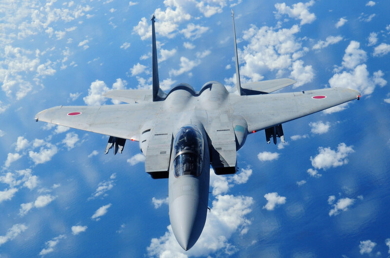 Military Jet in Flight — Blue, Dynamic, Afternoon, Photograph, Jet Fighter