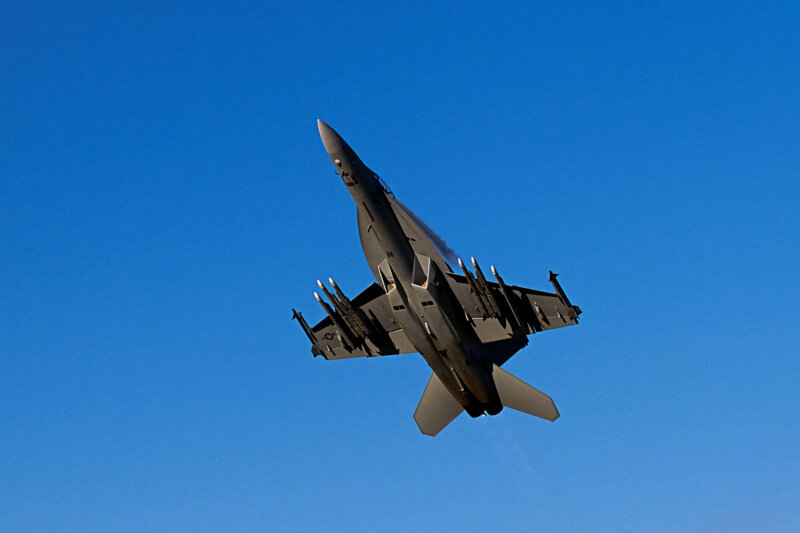 Military Jet in Flight — Blue, Dynamic, Afternoon, Photograph, Missiles, Sky