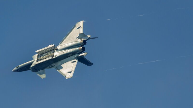 Military Jet in Flight — Blue, Dynamic, Afternoon, Photograph, Sky, Engine
