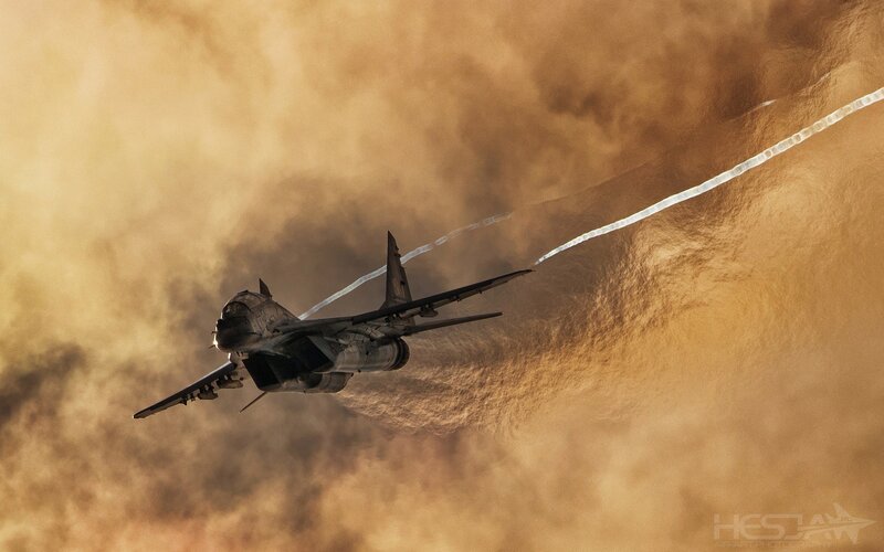 Military Jet in Flight — Brown, Dramatic