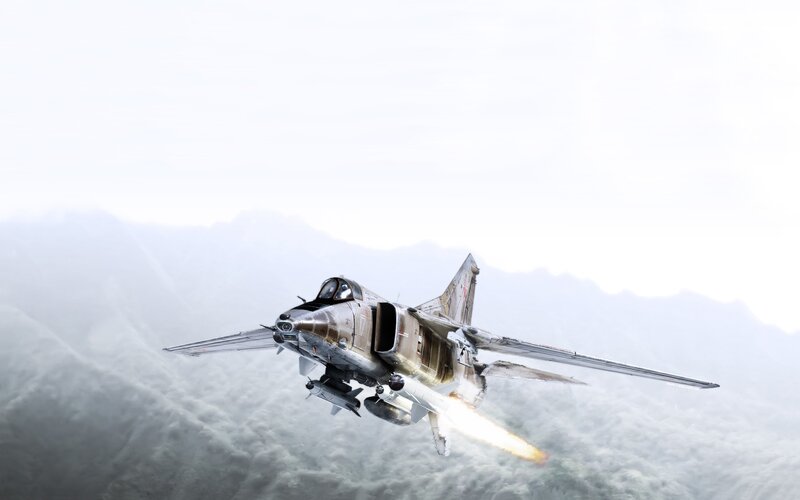 Military Jet in Flight — Gray, Dramatic, Digital Art, Mountains