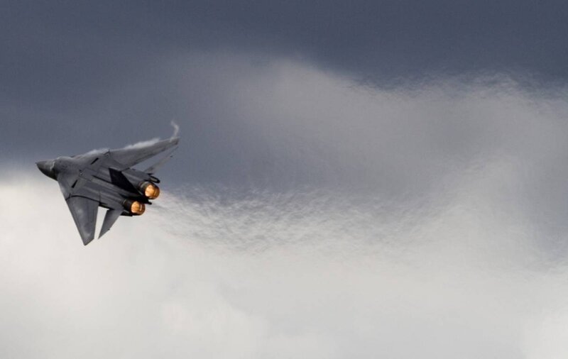 Military Jet in Flight — Gray, Dramatic, Photograph, Engine Exhaust