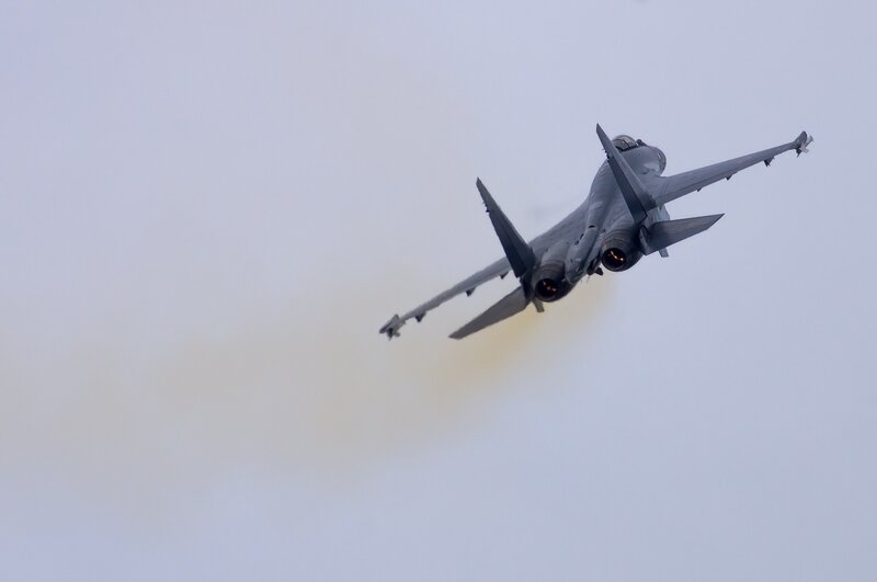Military Jet in Flight — Gray, Dramatic, Photograph, Smoke