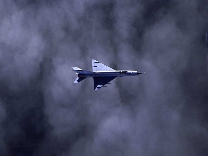 Military Jet in Flight — Gray, Dramatic, Photograph