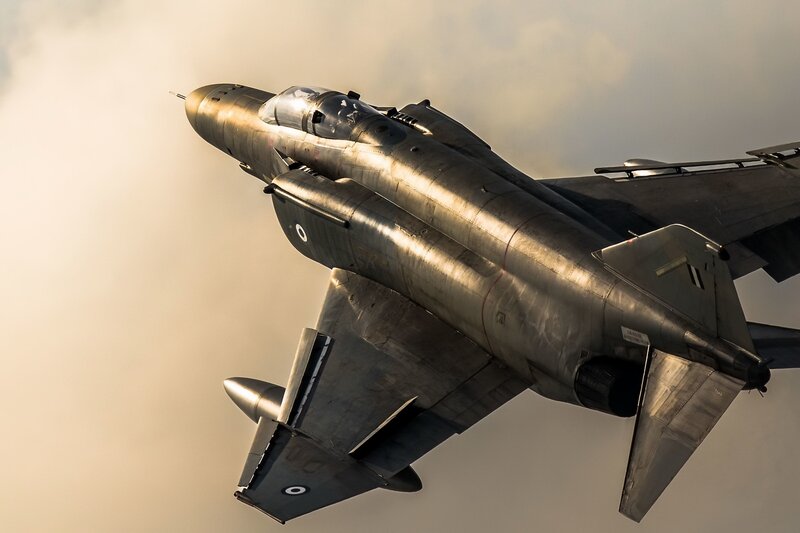 Military Jet in Flight — Gray, Dramatic, Sunset, Photograph, Sky, Clouds