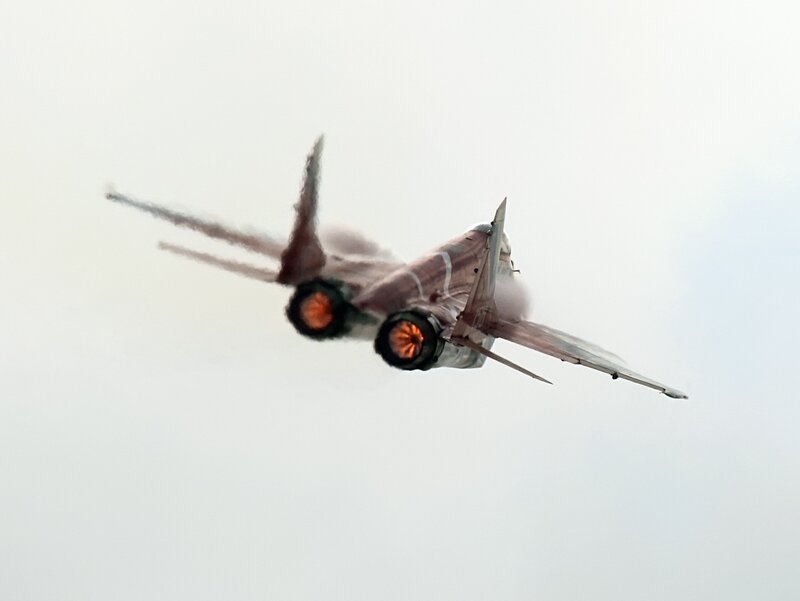 Military Jet in Flight — Gray, Dynamic, Photograph, Jet Engine, Exhaust