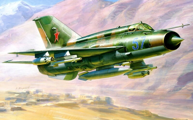 Military Jet in Flight — Green, Dramatic, Afternoon, Illustration