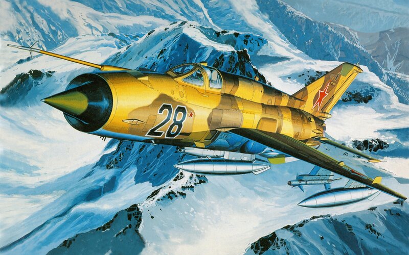 Military Jet in Flight — Yellow, Dramatic, Winter