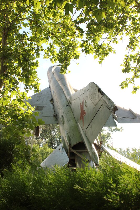 Military Jet on Display — Green, Serene