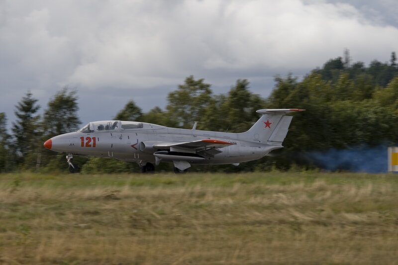 military jet on runway