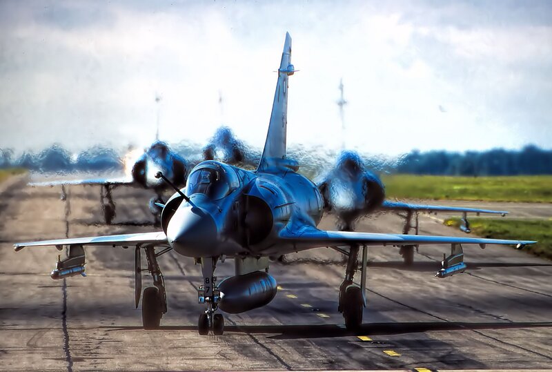Military Jet on Runway — Blue, Dramatic, Afternoon