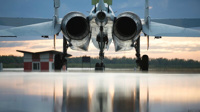 Military Jet on Runway — Blue, Dramatic