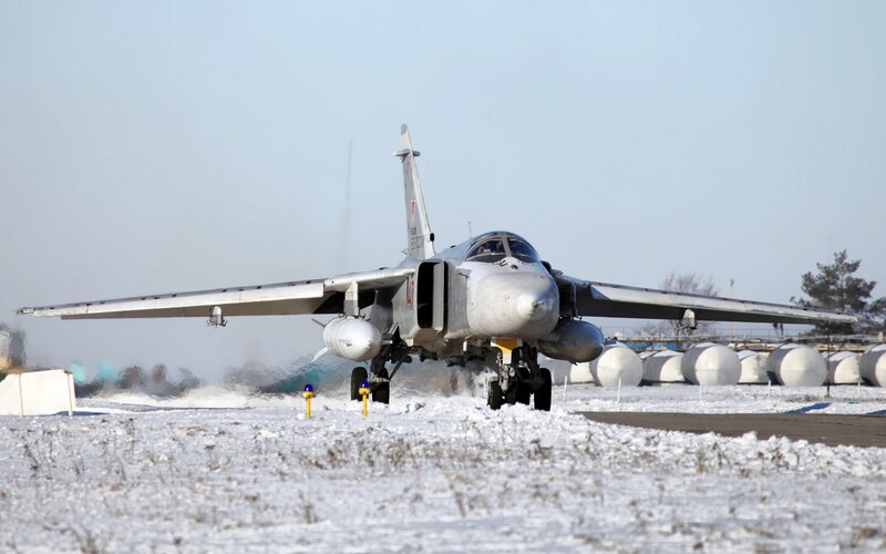 Military Jet on Runway — Gray, Cold, Winter