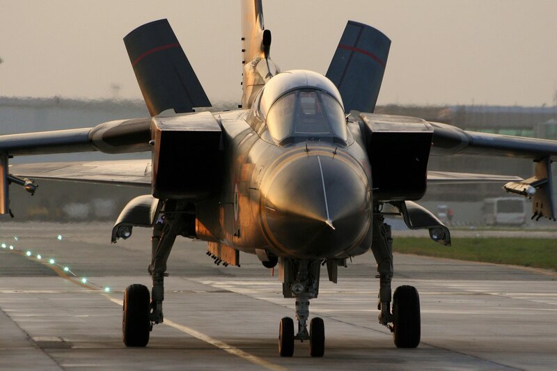 Military Jet on Runway — Gray, Dramatic, Sunset, Photograph
