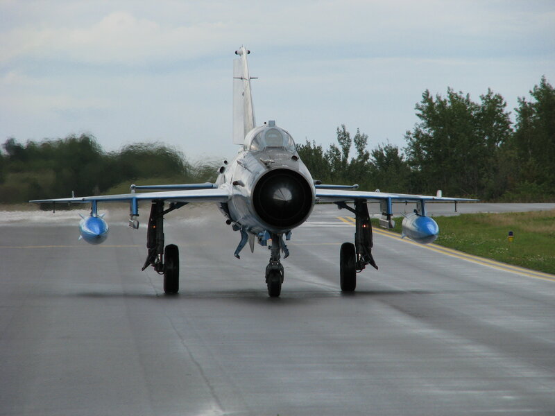 Military Jet on Runway — Gray, Neutral, Afternoon, Photograph, Trees, Wings