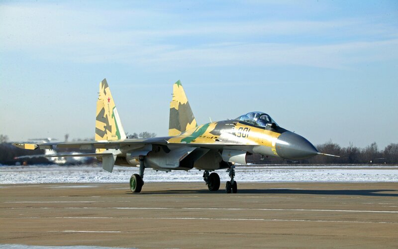 Military Jet on Runway — Yellow, Clear