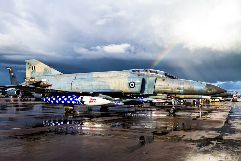 Military Jet on Tarmac — Gray, Dramatic, Afternoon, Photograph, Rainbow