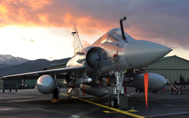 Military Jet on Tarmac — Gray, Dramatic, Sunset, Photograph