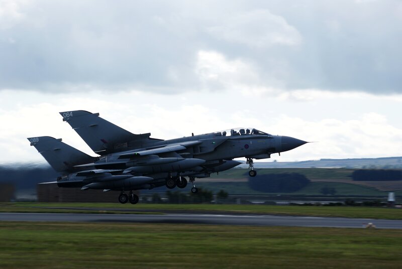 Military Jet Taking Off — Gray, Dynamic, Afternoon, Photograph, Airplane, Runway, Clouds