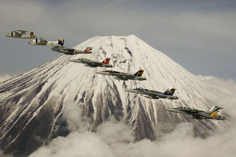 Military jets flying over Mount Fuji