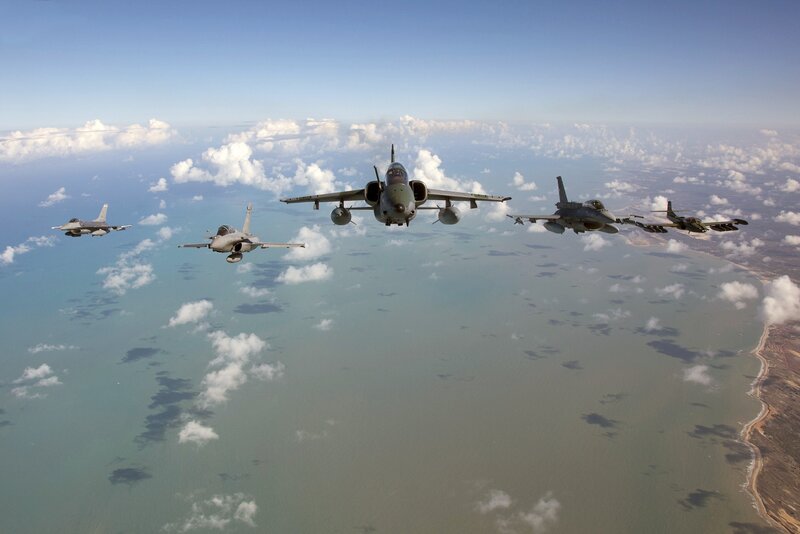 Military Jets in Formation — Blue, Serene, Afternoon